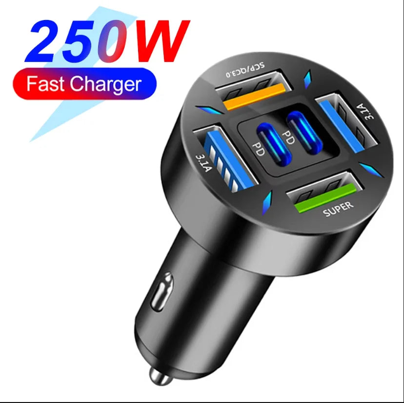 Digital Display 4USB + 2PD Car Charger – Fast, Smart, and Compact
