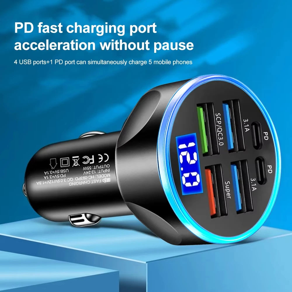 Digital Display 4USB + 2PD Car Charger – Fast, Smart, and Compact