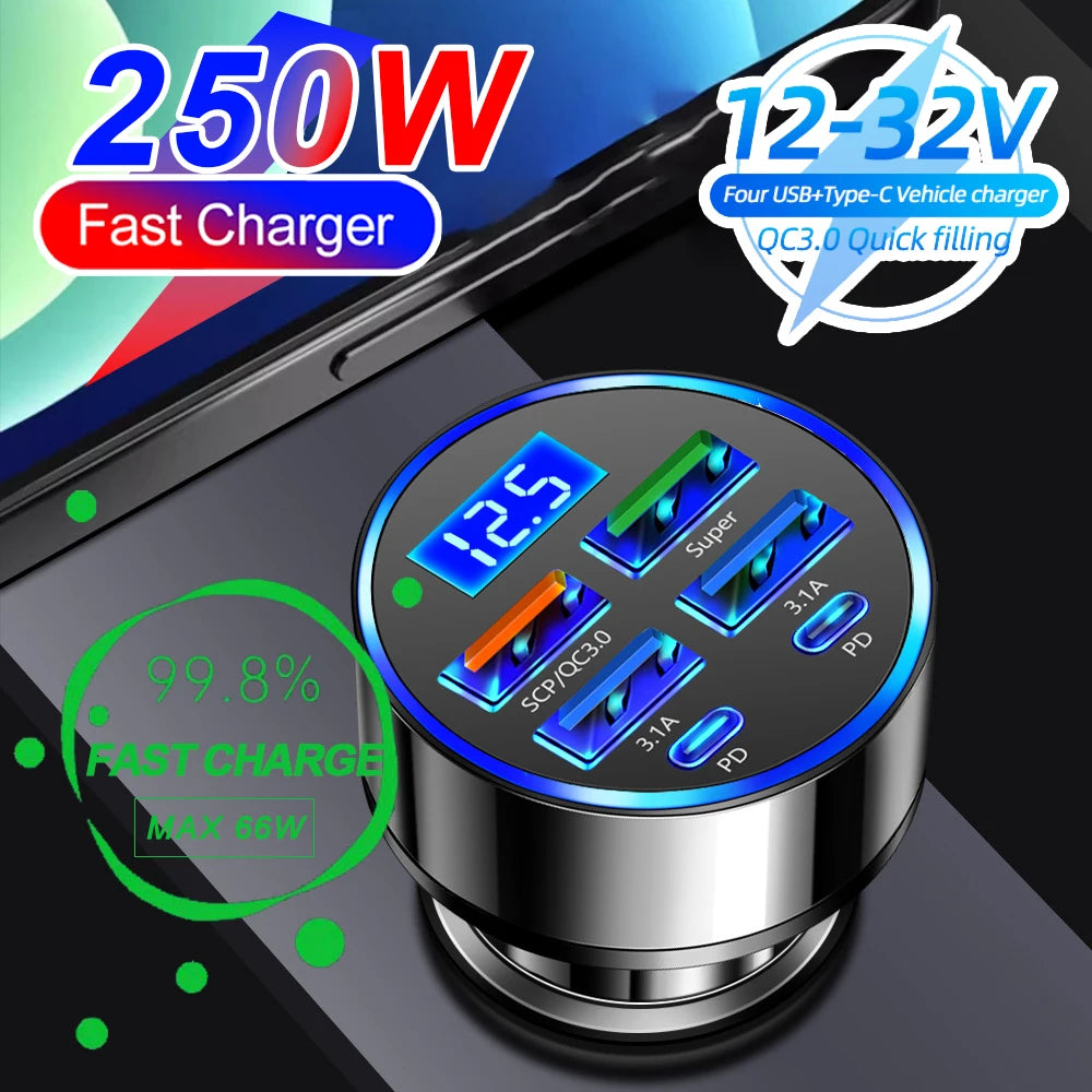 Digital Display 4USB + 2PD Car Charger – Fast, Smart, and Compact