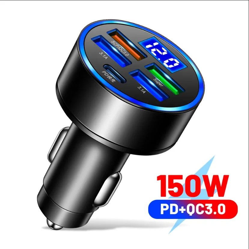 Digital Display 4USB + 2PD Car Charger – Fast, Smart, and Compact