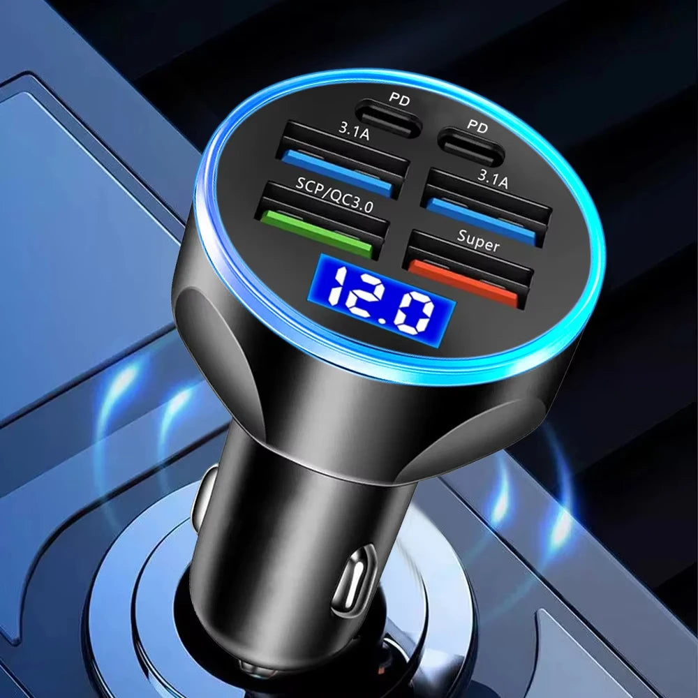 Digital Display 4USB + 2PD Car Charger – Fast, Smart, and Compact