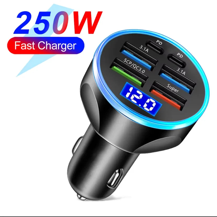 Digital Display 4USB + 2PD Car Charger – Fast, Smart, and Compact